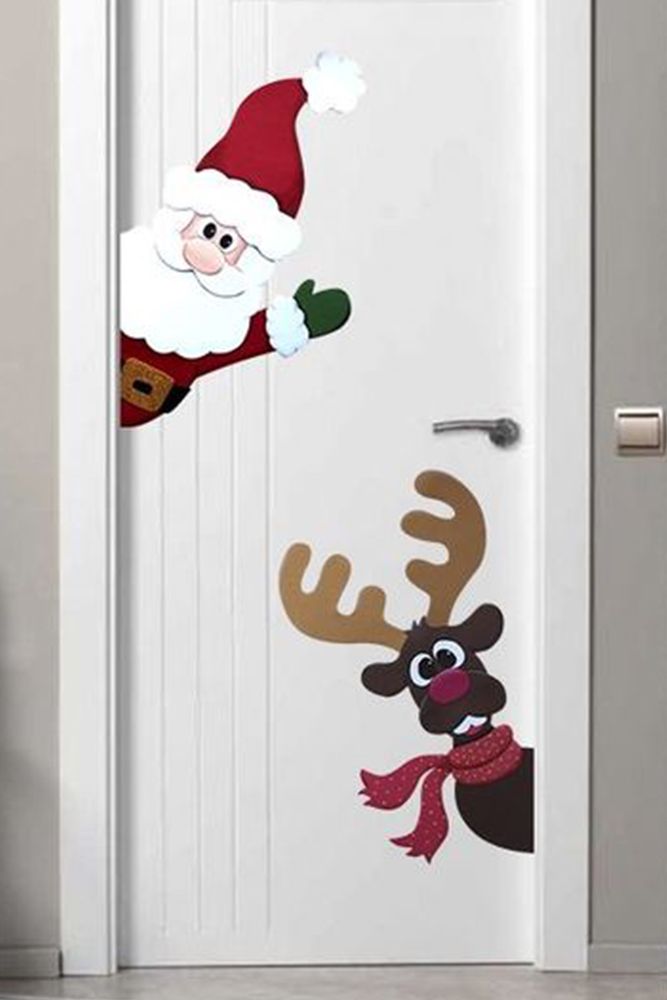 Santa and reindeer stickers on the door as christmas decor idea