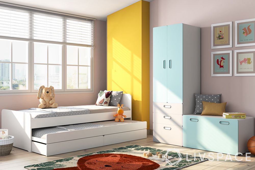 yellow-wall-blue-kids-wardrobe-lion-rug-white-trundle-bed