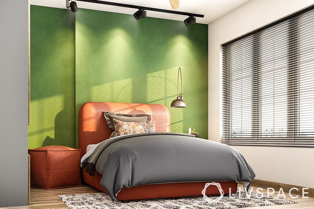 two-colour-combination-for-bedroom-walls-spotlights-venetian-blinds-bed