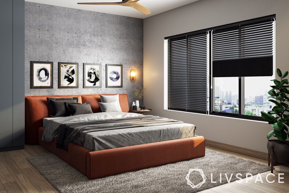 rust-colour-bed-grey-wardrobe-venetian-blinds